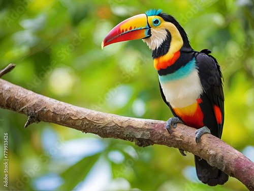 Multi colored toucan perched on branch Generated by AI.