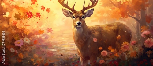 a deer surrounded by flowers, warm colors photo