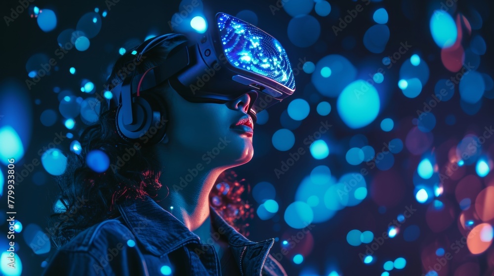 A person in virtual digital world with the help of VR technology.