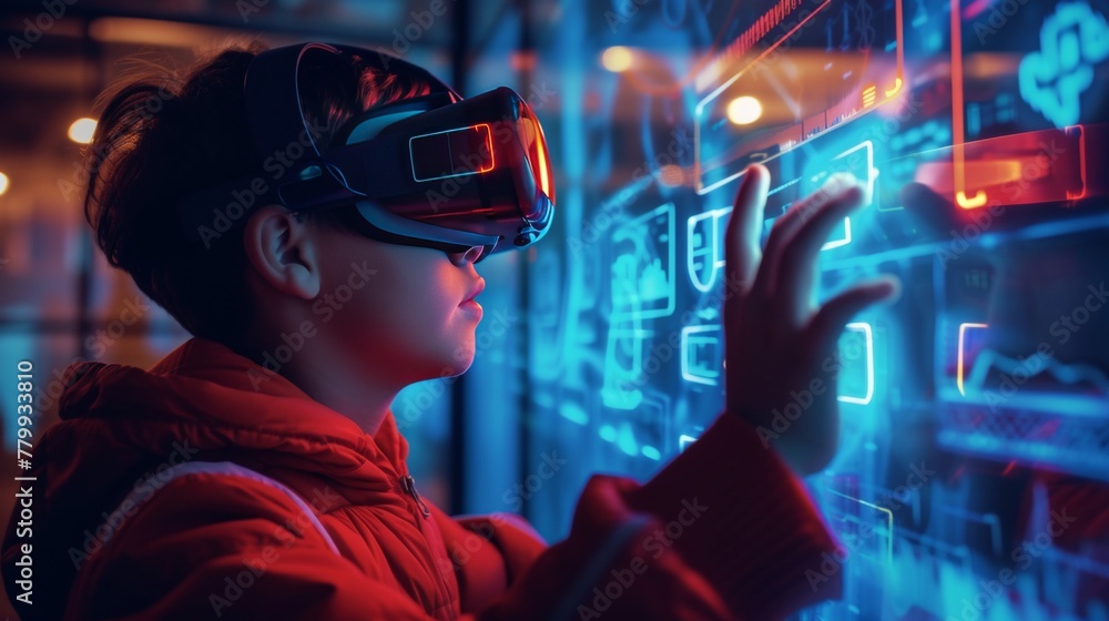 A person in virtual digital world with the help of VR technology. A person in virtual digital world with the help of VR technology.