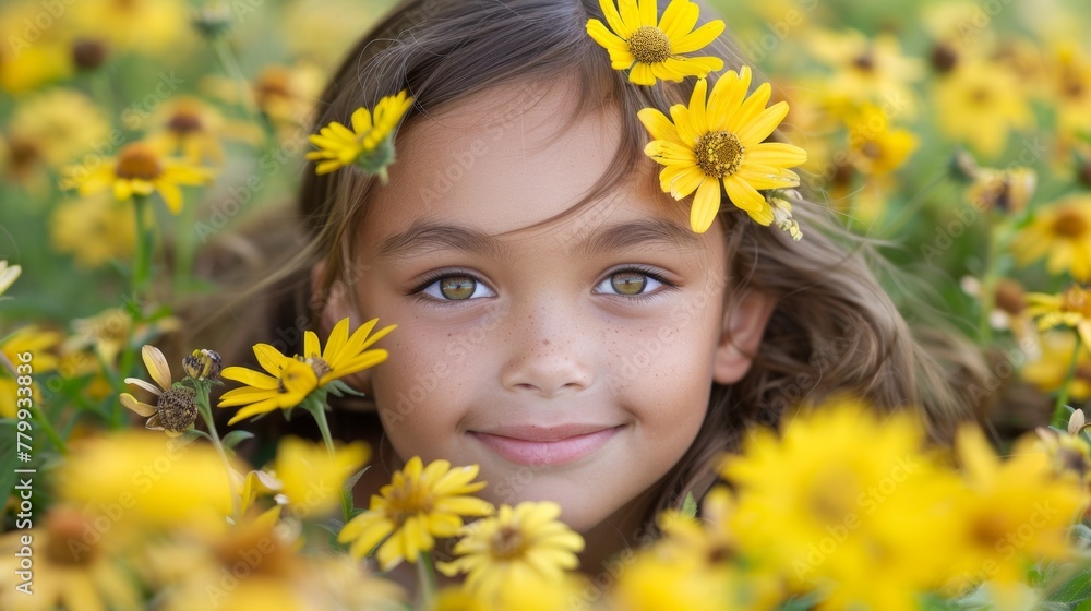 A young girl with a smile in the middle of yellow flowers, AI A young girl with a smile in the middle of yellow flowers, AI