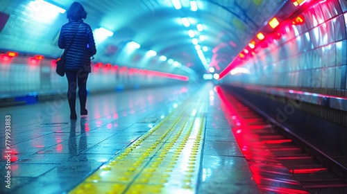 A woman walking down a subway tunnel with red and blue lights, AI