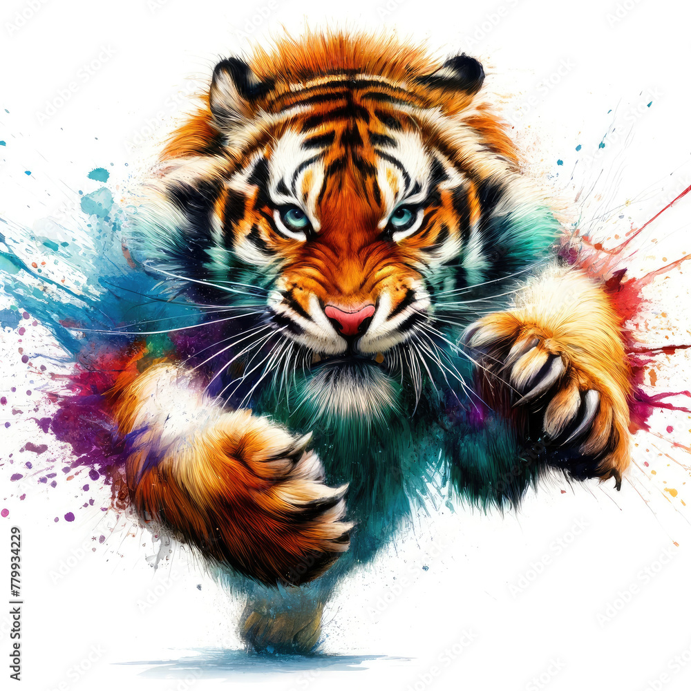 Witness the fierce roar and charge of a Bengal Tiger, brought to life in a dynamic watercolor painting, showcasing vibrant colors and the tiger's regal, wild energy.