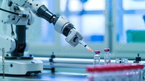 An advanced robot is working in a biochemistry research lab