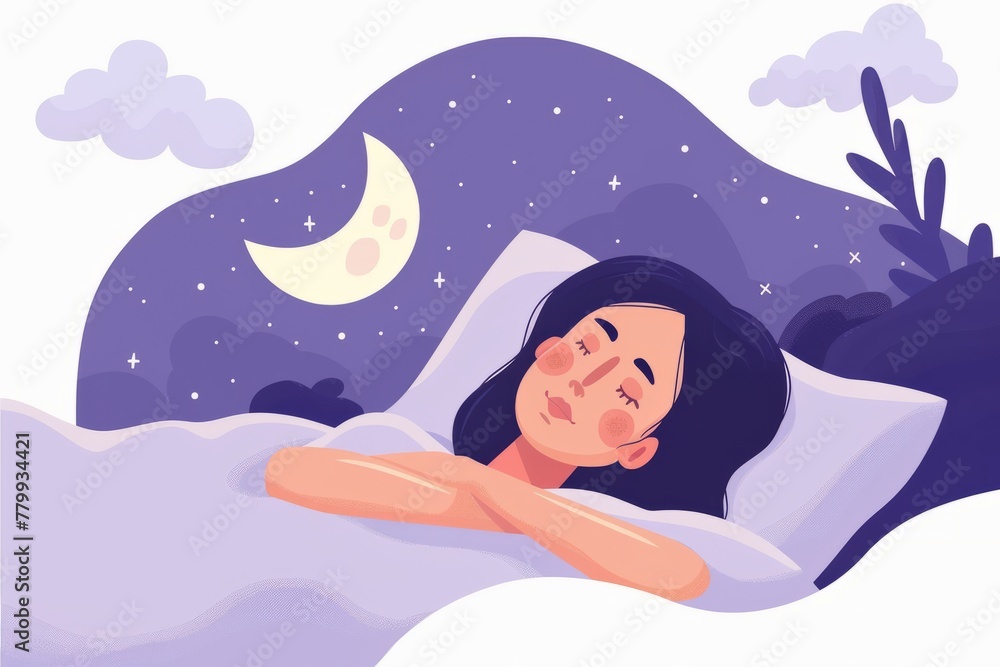 Woman is sleeping and lying in bed, flat illustration. Cartoon depressed sleepy female person with insomnia. Sleeping disorder and nightmare concept