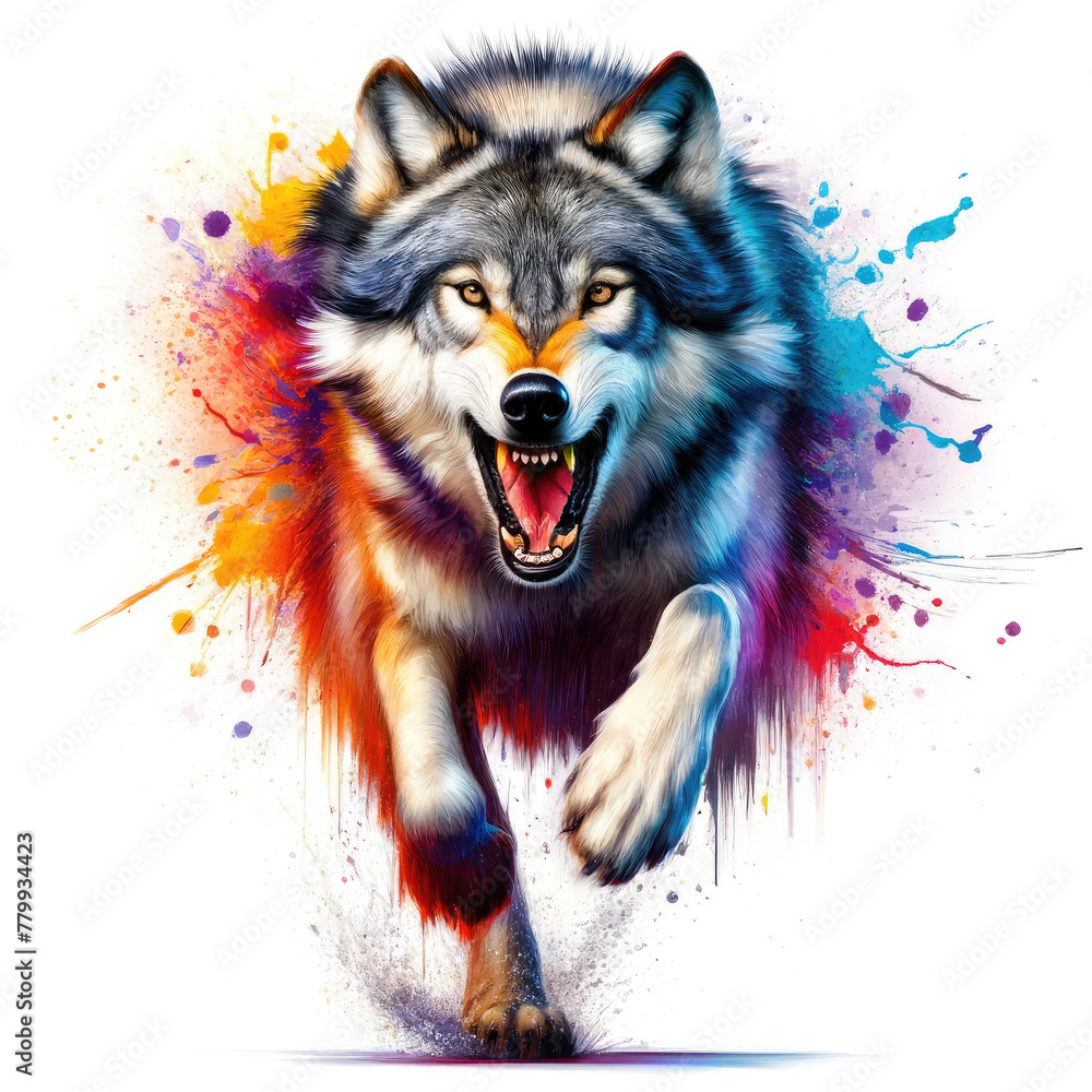 A detailed and expressive portrayal of a Grey Wolf in full roar, showcasing its impressive size and regal presence through bright colors and artistic splashes, reflecting the animal's power. A detailed and expressive portrayal of a Grey Wolf in full roar, showcasing its impressive size and regal presence through bright colors and artistic splashes, reflecting the animal's power.