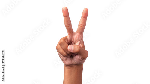  A hand making a peace sign with two fingers raised, expressing harmony and goodwill towards others on a white background. 