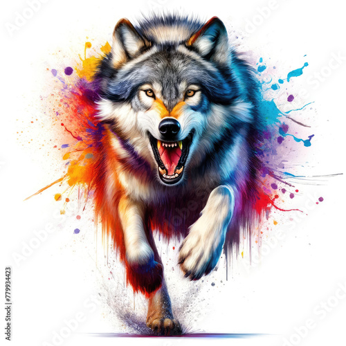 A detailed and expressive portrayal of a Grey Wolf in full roar, showcasing its impressive size and regal presence through bright colors and artistic splashes, reflecting the animal's power.