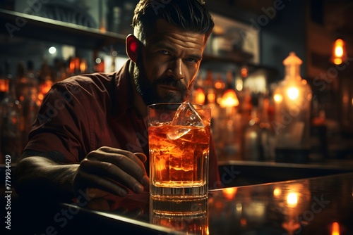 Un hombre con barba, Bartender o cantinero presentando un vaso con bebida y hielos en la barra de un bar. Al fondo la ambientacion del bar con luces suaves photo