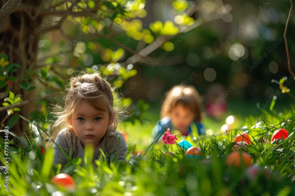 Children searching easter eggs. Smooth texture. Happy Easter eggs in garden. Portrait.. Easter 2024 illustration Children searching easter eggs. Smooth texture. Happy Easter eggs in garden. Portrait.. Easter 2024 illustration