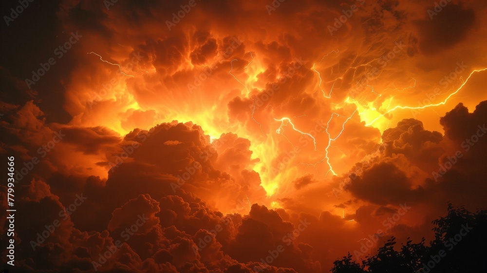 A large cloud of smoke and lightning in the sky, AI