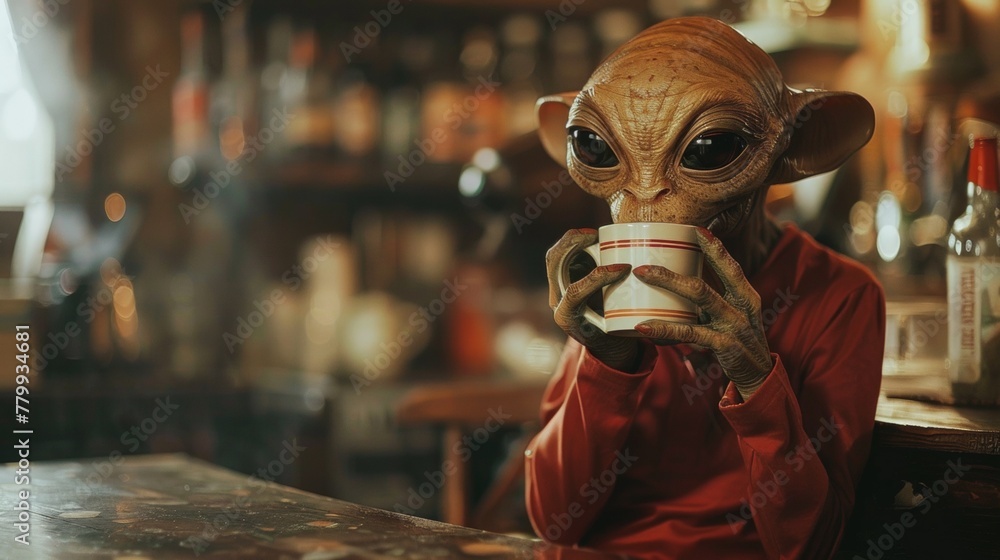 A person in a mask drinking from a cup at the bar, AI