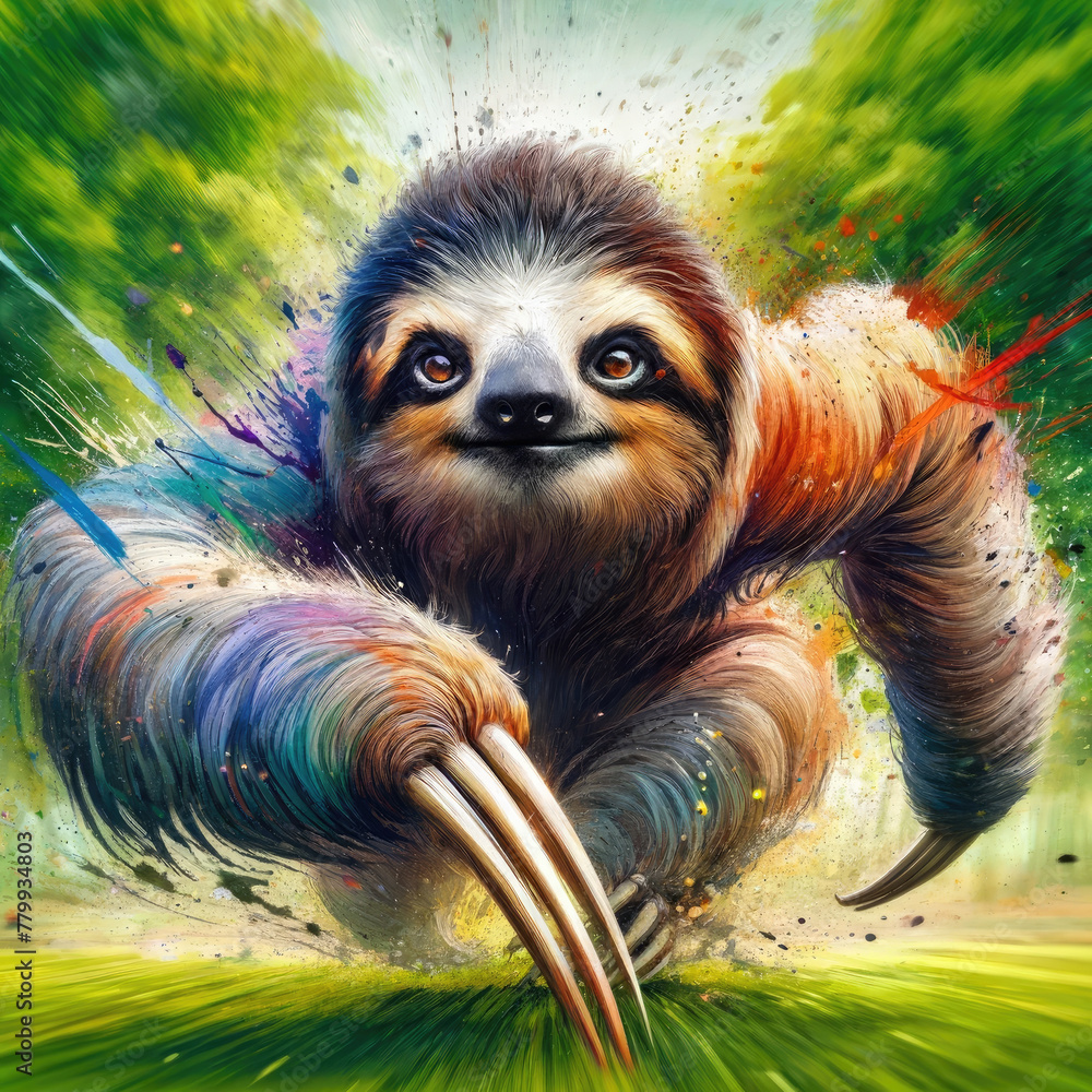 Naklejka premium A sloth charges with a fierce expression in this dynamic watercolor artwork, emphasizing its regal presence and the serene beauty of wildlife in vibrant, fluid strokes.
