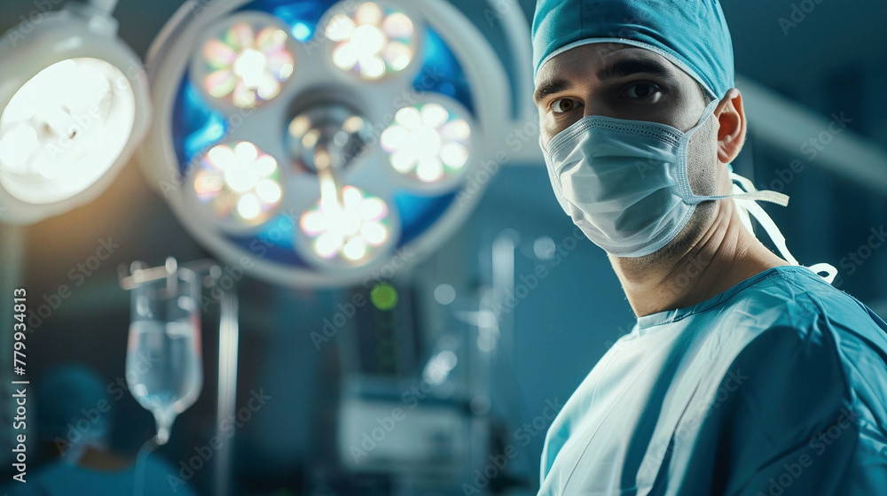 Confident Surgeon in Scrubs with Mask in Operating Room Confident Surgeon in Scrubs with Mask in Operating Room