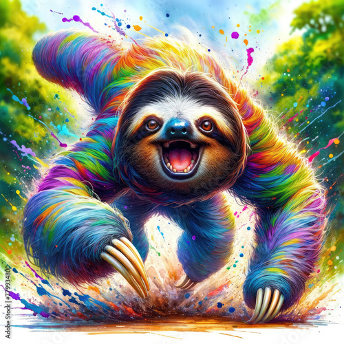 Dive into the tranquil world of the rainforest with this watercolor painting of a sloth, showcasing vibrant colors and fluid brushstrokes that capture its dynamic yet peaceful essence.
