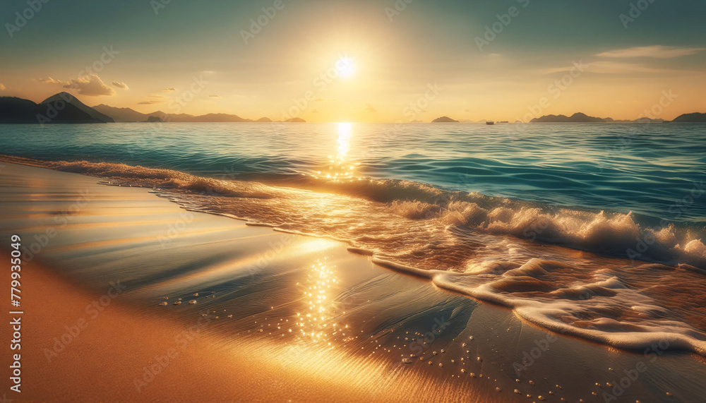 A tranquil beach scene at sunset. The focus is on the gentle waves lapping onto the sandy shore