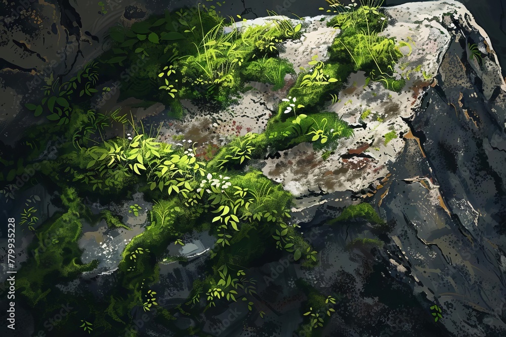 Moss covered rock with small plants growing, nature closeup, botanical background, digital painting Moss covered rock with small plants growing, nature closeup, botanical background, digital painting