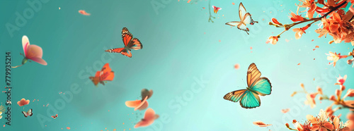 Vivid Butterflies Fluttering Over Turquoise Background