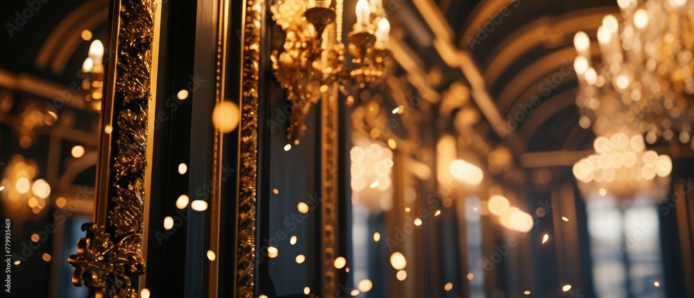Obraz premium black and gold building, close-up, living interior decor, fireworks background