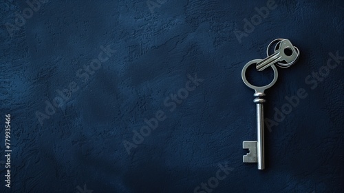A shiny silver key resting on a plain dark navy surface, minimalist presentation © LaxmiOwl