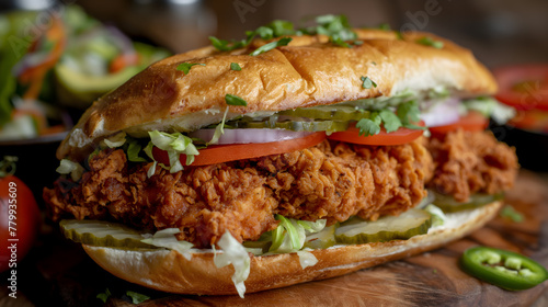 Delectable Gourmet Chicken Sandwich Stacked with Cheese and Vegetables