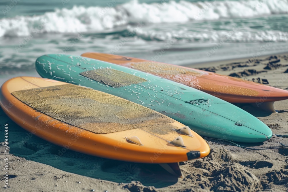Blue surfboard on the beach Ai generated image. Beautiful simple AI generated image in 4K, unique. Blue surfboard on the beach Ai generated image. Beautiful simple AI generated image in 4K, unique.