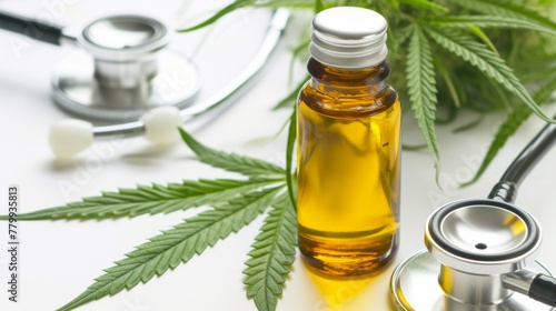 Cannabis CBD oil with leaf and stethoscope on table