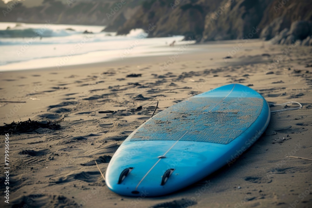Generative AI illustration of a vividly colored surfboard stuck in the sand of a beach on holidays. Beautiful simple AI generated image in 4K, unique.