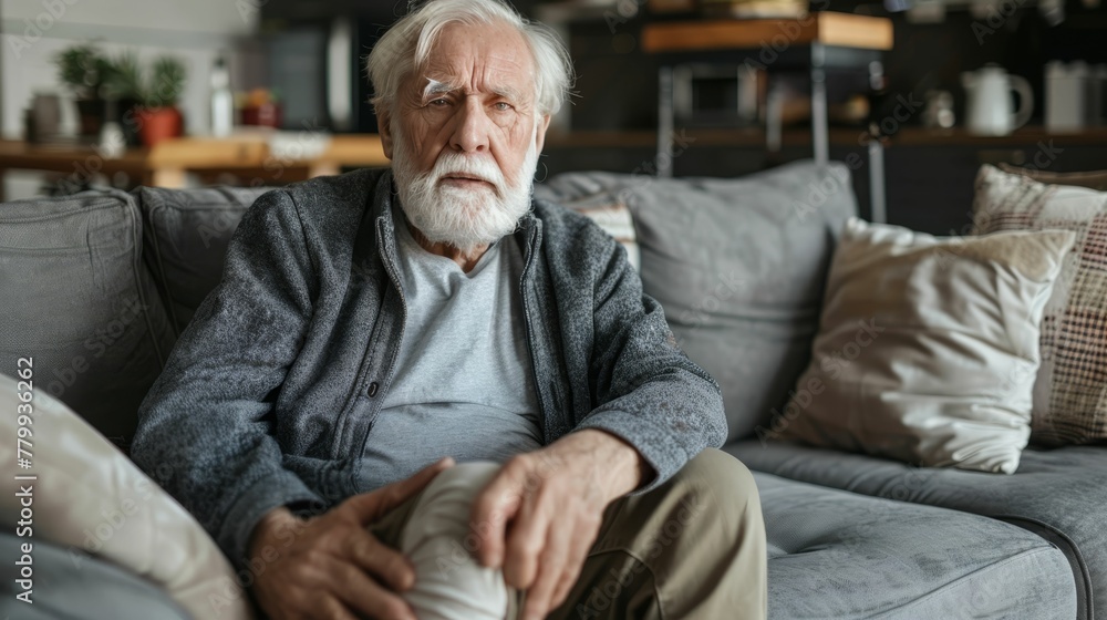 Injury or knee pain of an elderly man on the sofa Injury or knee pain of an elderly man on the sofa