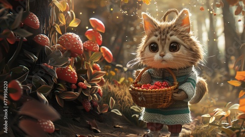 A cartoon cat holding a basket of fruit in the woods, AI © starush