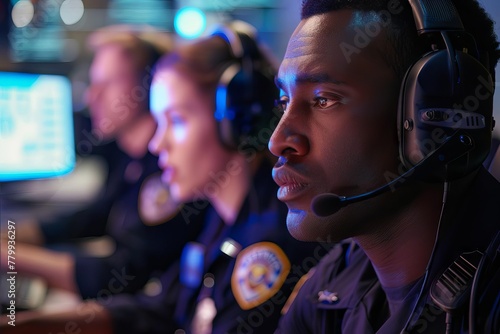 Police officers working in advanced 911 call center, emergency response concept photo