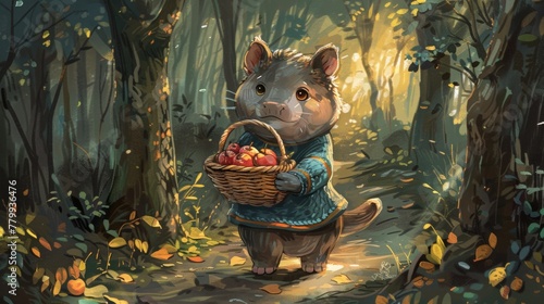 A cartoon cat holding a basket of apples in the woods, AI