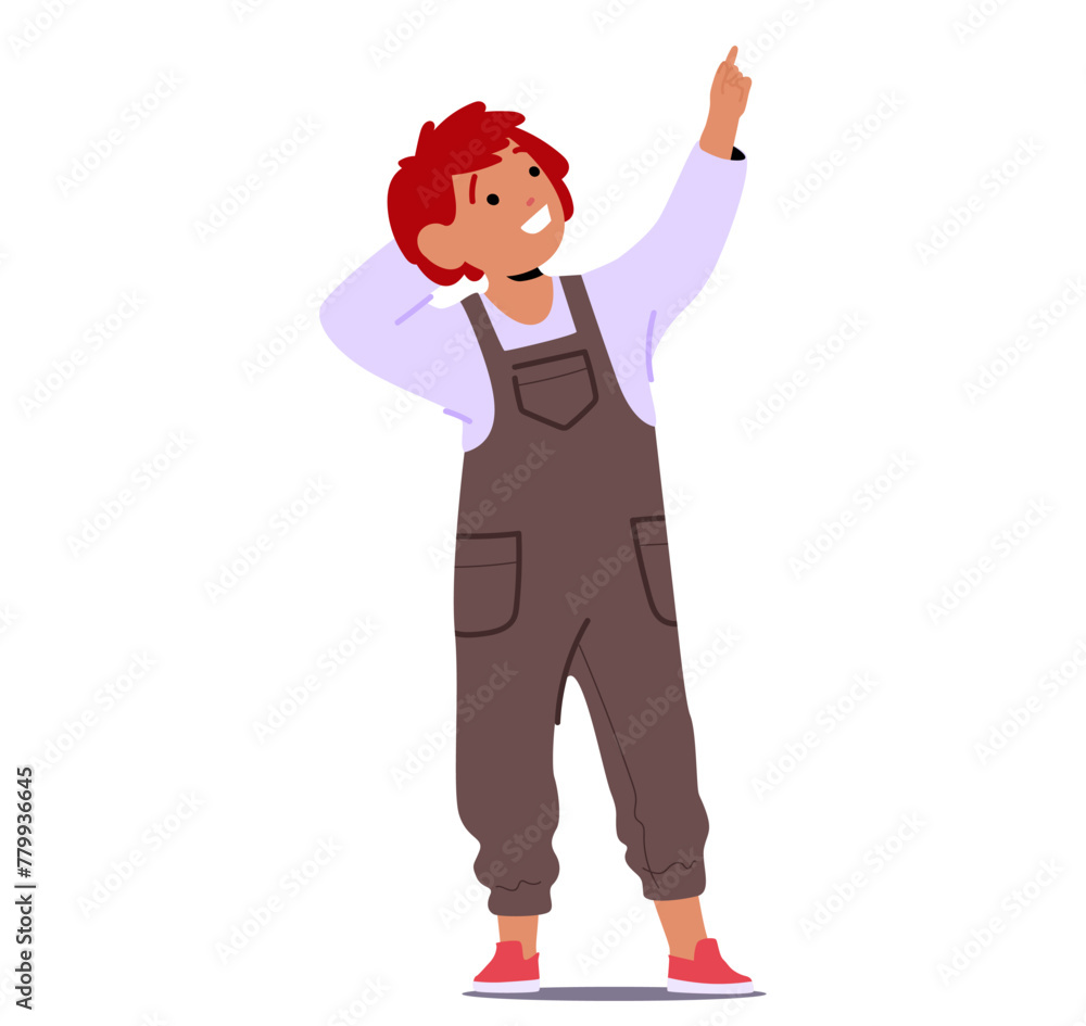 Curious Child Boy Character Extends A Tiny Finger Towards The Sky, Wide-eyed, Marveling At The Wonders Above Curious Child Boy Character Extends A Tiny Finger Towards The Sky, Wide-eyed, Marveling At The Wonders Above