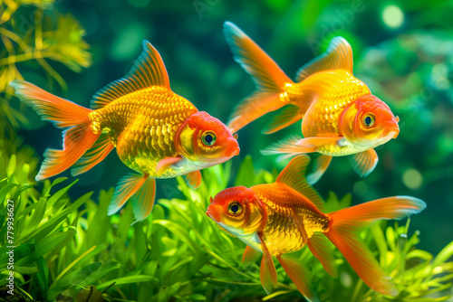 Goldfish in freshwater aquarium with green beautiful planted tropical. Colorful fish on green background