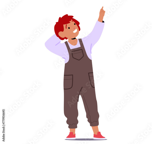 Curious Child Boy Character Extends A Tiny Finger Towards The Sky, Wide-eyed, Marveling At The Wonders Above