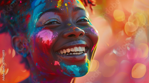 Cheerful african american woman at the festival of colors Holi