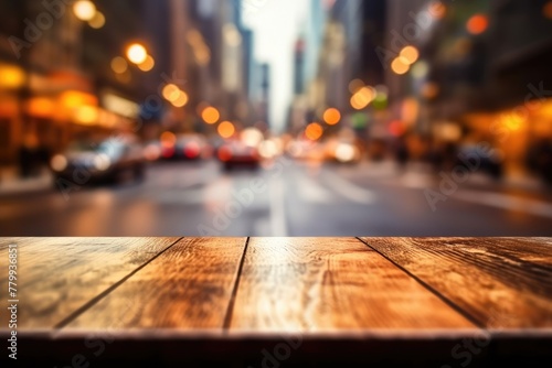 The empty wooden table top with blur background of NYC street. Exuberant image. generative AI