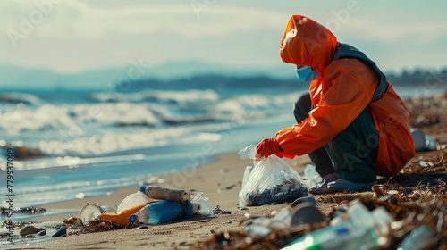 side view of anonymous person in protective clothes with orange gloves sitting on shore of the beach while picking up trash against blurred background photo