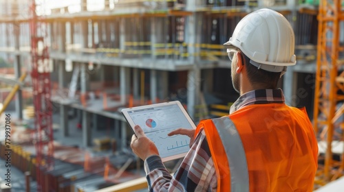 Obraz na płótnie Smart Construction Project management system concept, Engineer using a digital tablet on a construction site w salonie