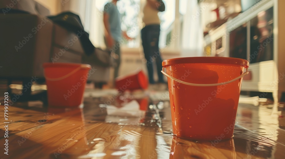 The roof is leaking, the pipe in the house has burst: water is dripping into the buckets in the living room Frustrated people in the background
