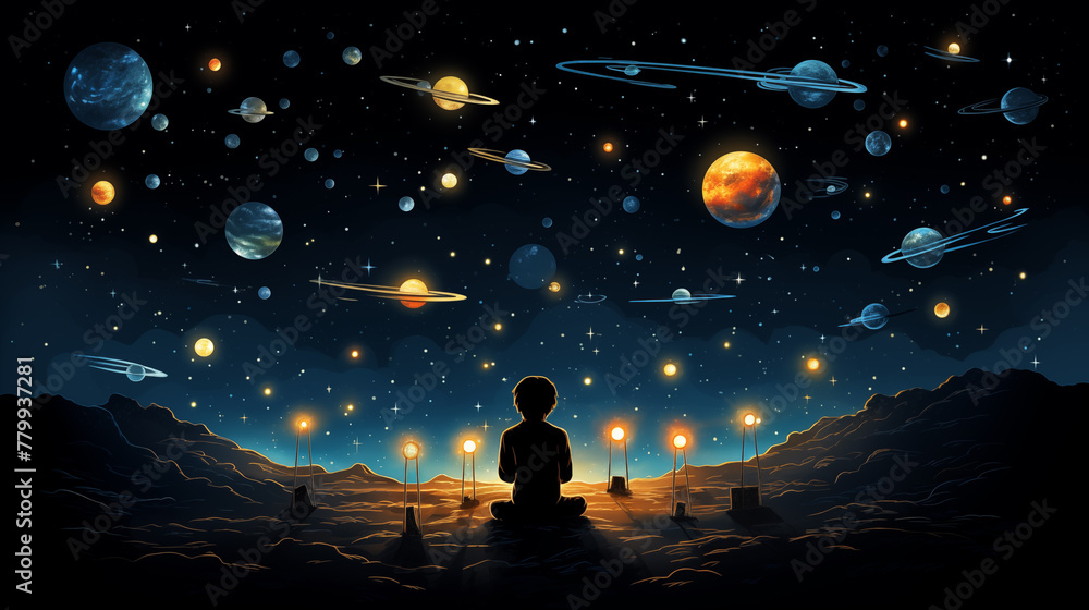 Silhouette figure sits on rocky ground planet against surreal night sky with planets, stars, galaxy and celestial orbits