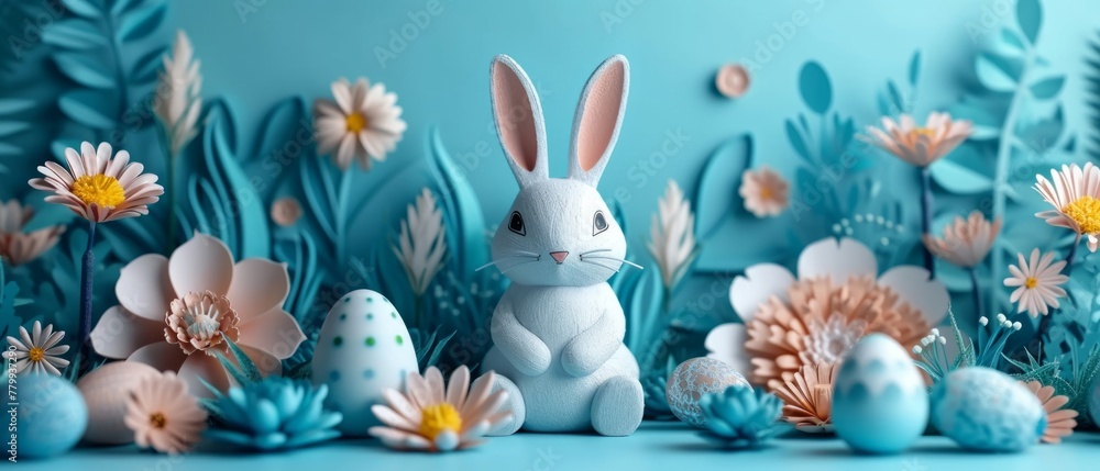 cute funny Easter Bunny on floral and easter eggs landscape background