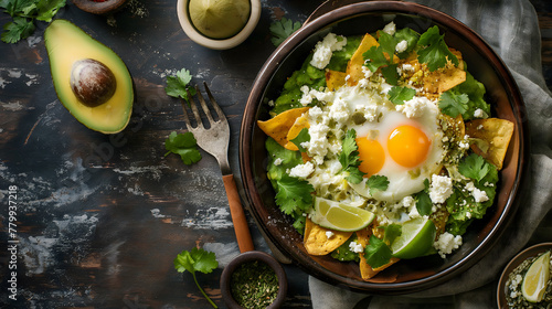 Savory Huevos Rancheros with Fresh Avocado and Lime on Wooden Surface