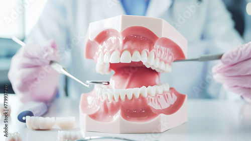 The dentist's hand holds a model of human artificial jaw and explains prevention and treatment of dental caries. Treatment and medical services in a dental clinic, healthcare and dental care