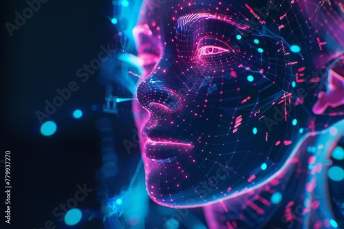 Holographic Ai in humanoid head. Conceptual image Artificial intelligence, Virtual reality, tech shapes, Head Up elements HUD. Biometric technology, Face recognition systems Ai.