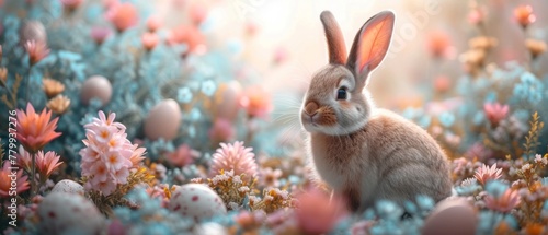 cute funny Easter Bunny loral easter eggs background