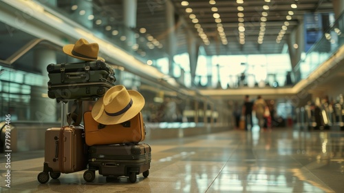 Trolley with suitcases and hat in airport terminal
