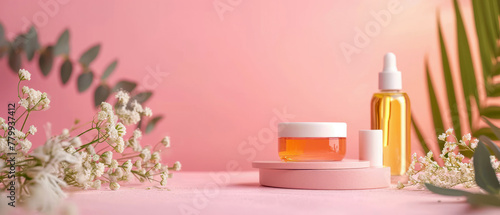 Pink Showcase with cream jar, container, serum bottle, flowers in trendy pastel color. Shadows effect.Skin Care, makeup concept. Cosmetic product presentation. Generative ai