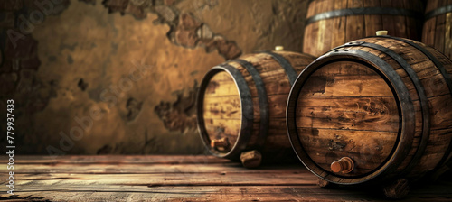 Vintage Wooden Wine Barrels in a Rustic Cellar Scene