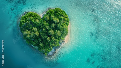 Tropical Island in the Shape of a Love Heart Aerial Perspective, Vacation Concept © Jiraphiphat